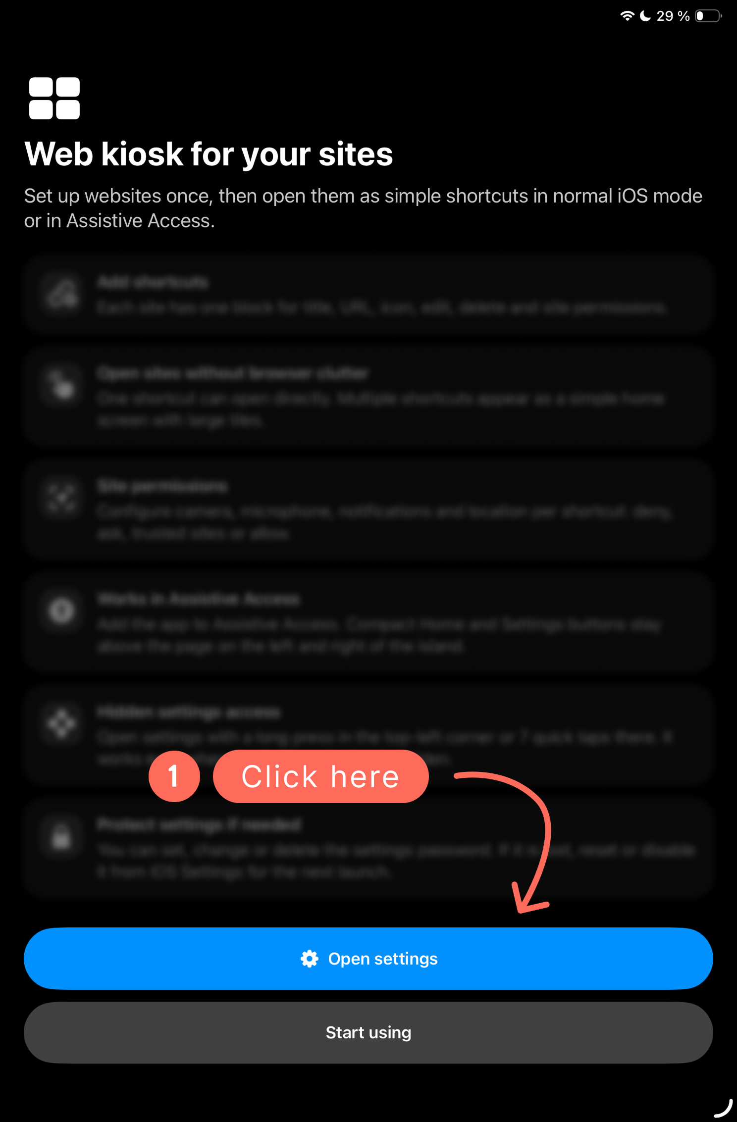 Kiosk Web Launcher home screen with Click here pointing at the Open settings button.