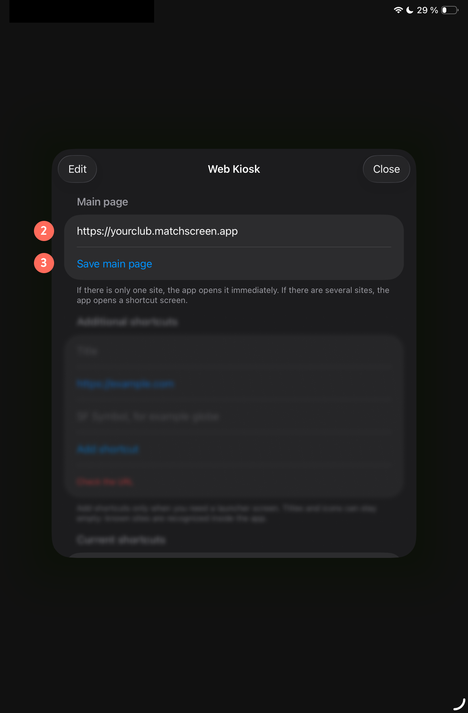 Web Kiosk settings: type https://yourclub.matchscreen.app as the main page, then tap Save main page.